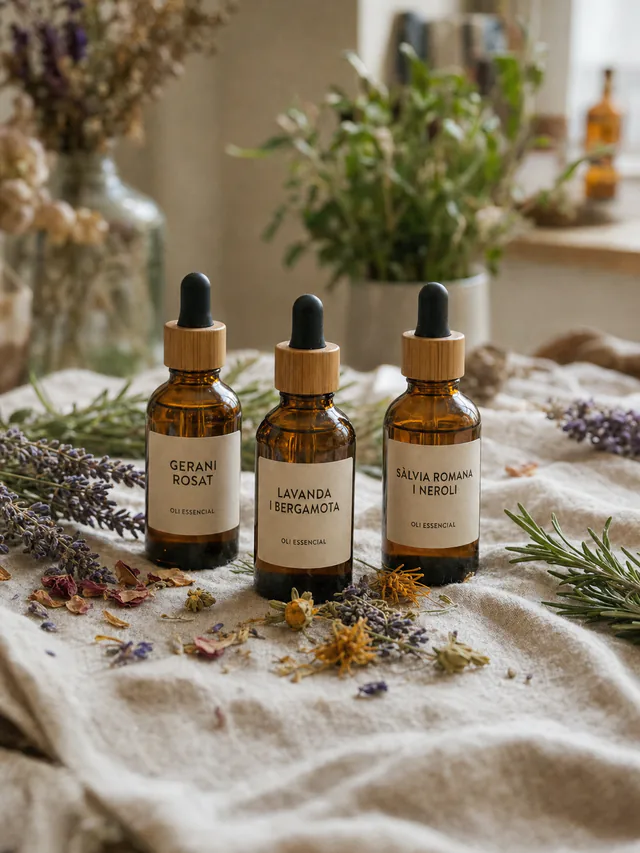 Flascons d'olis essencials de gerani rosat, lavanda, bergamota, sàlvia romana i neroli.